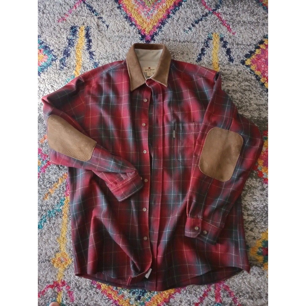 VTG Woolrich Men's Plaid Wool Button Up Leather Patches Long Sleeve Shirt SizeXL
